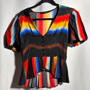 Katharine Kidd Rainbow Ombre Silk Peplum Top V Neck Puff‎ Sleeve Colorful Crop S